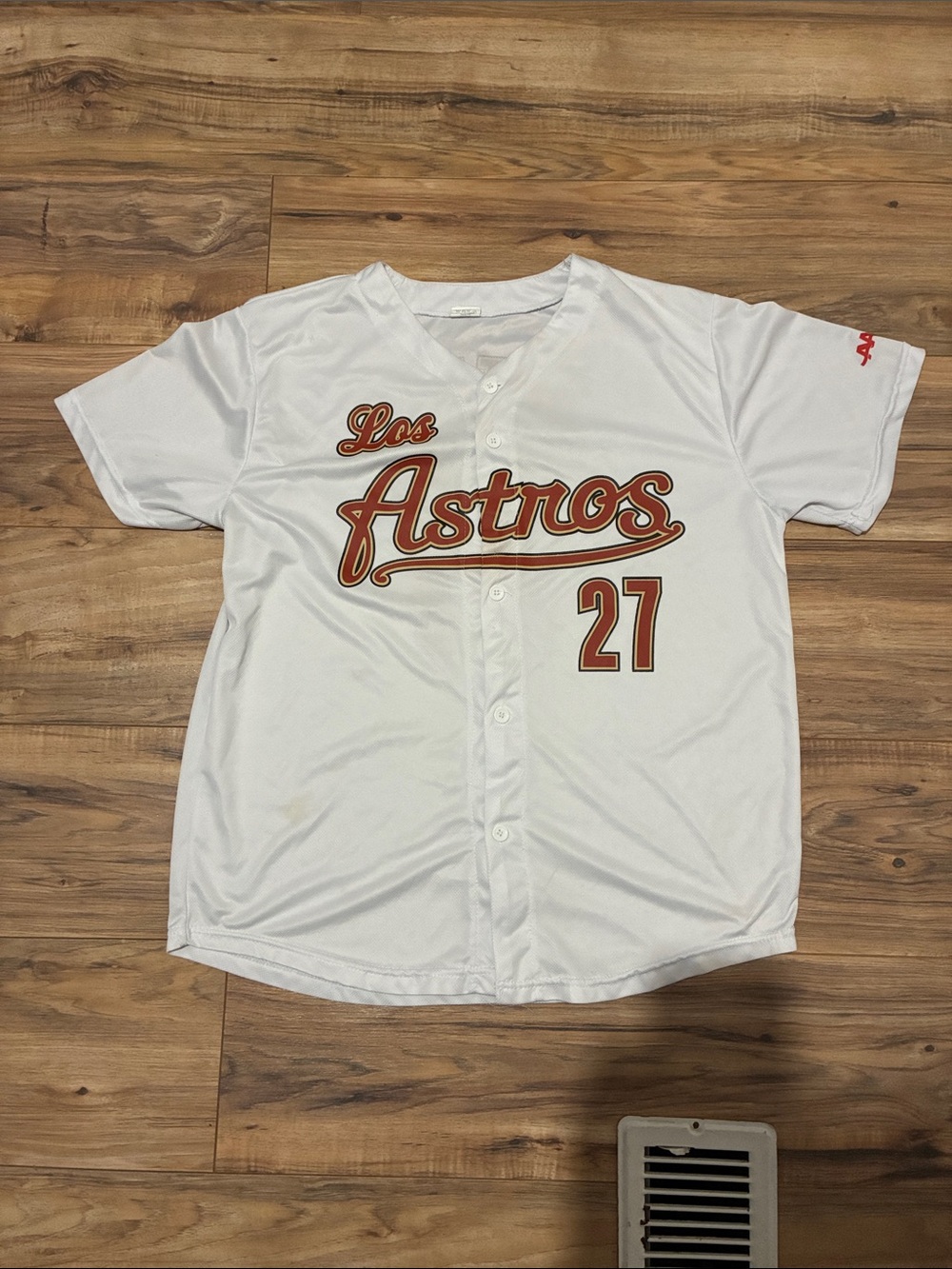 Kids White Los Astros Button-Up Jersey with Orange Script and Number 27